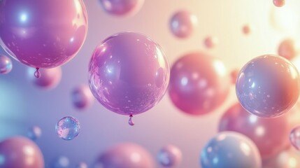 Pink balloons float against a colorful sunset sky in a serene outdoor setting