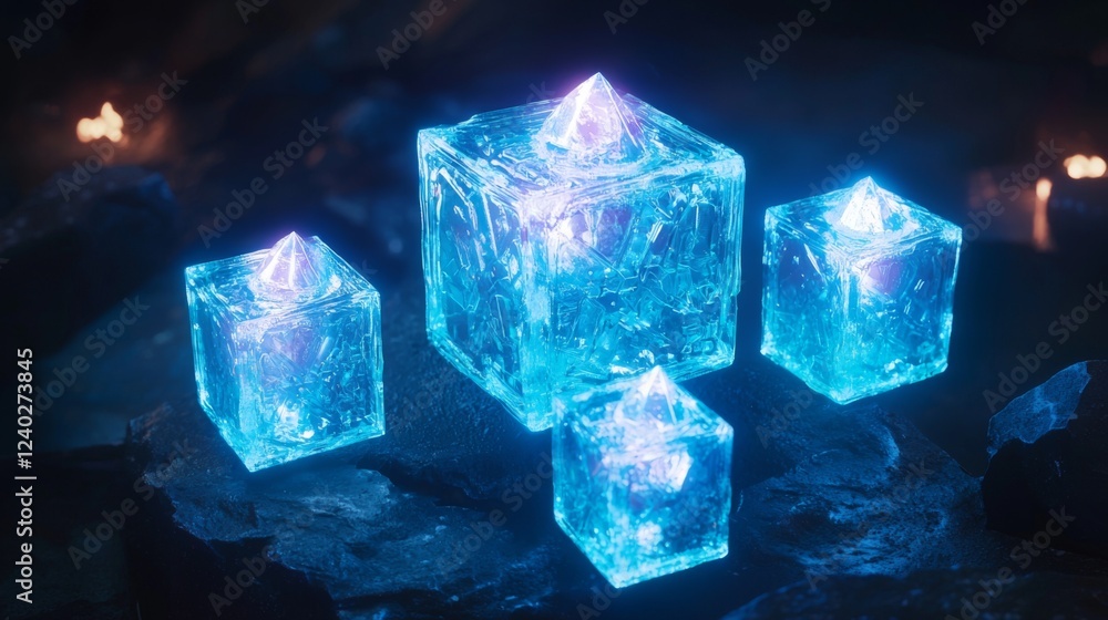 Poster illuminated crystal ice cubes with glowing effects on dark background for fantasy and sci-fi concept