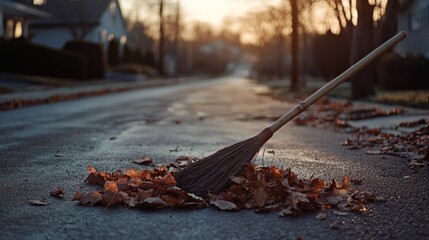 A broom lies amid scattered leaves on a quiet suburban street at sunset, embodying cozy autumnal tranquility.