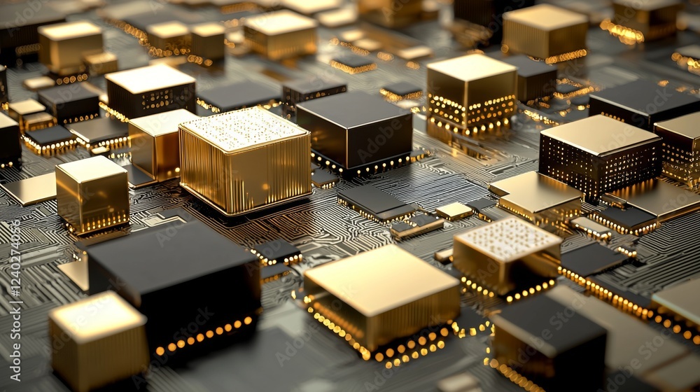 Aufkleber abstract close-up of gold and black computer circuit board components highlighting technology and in