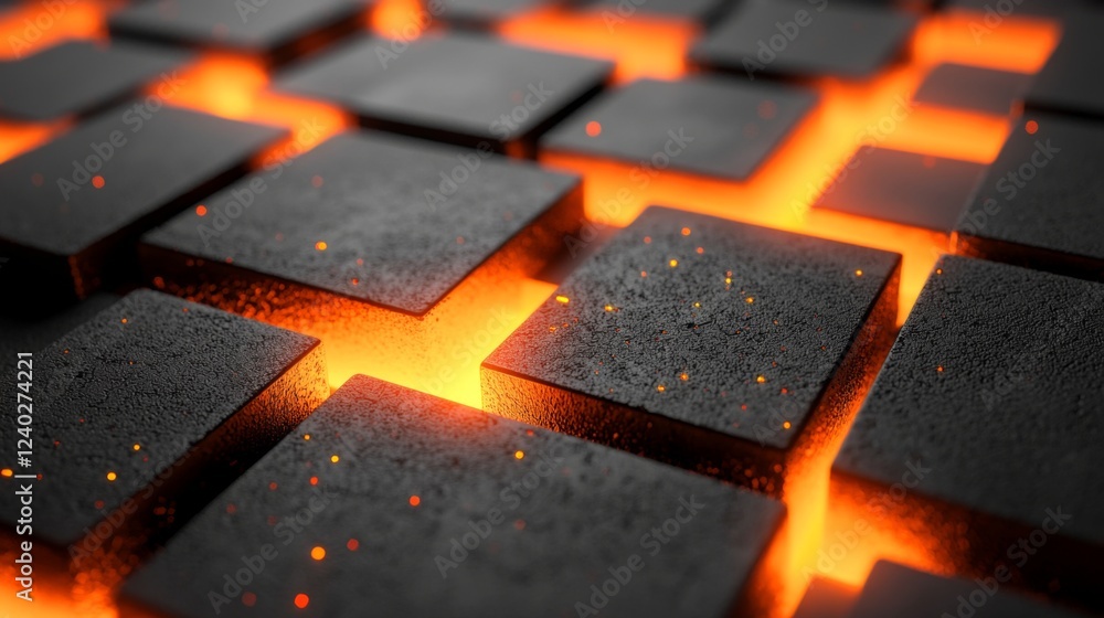Poster glowing lava between black stone tiles in a geometric pattern for background or texture design