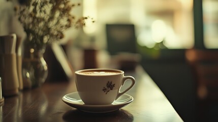 Fototapeta premium A delicate coffee cup sits on a wooden table, framed by gentle natural light and rustic decor, evoking warmth and peaceful solitude.