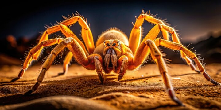 Macro photography captures the intricate architecture of a giant solifuge, a desert-dwelling arachnid, against the sand dunes under the night sky.