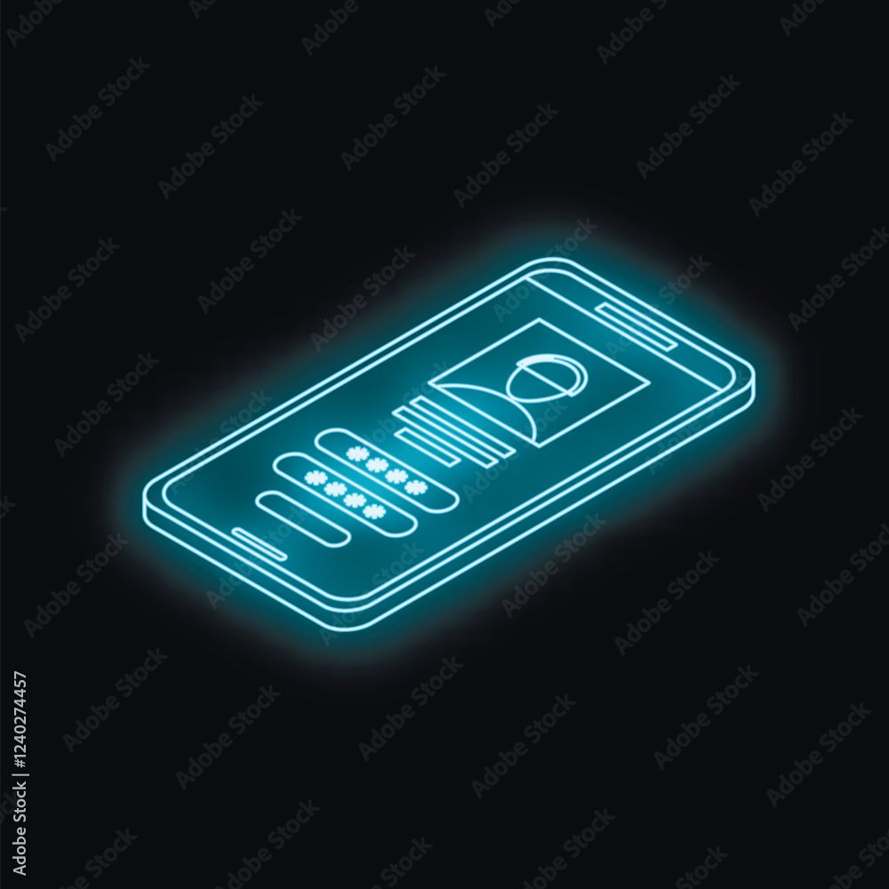 Poster neon blue glowing smartphone displaying user profile and password input field, representing online s
