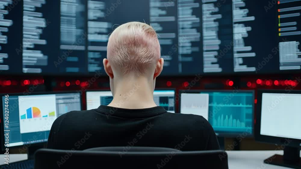 Poster a man sits in front of a computer monitor with a red head. the man is bald and has a red head