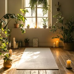 Serene Sanctuary: An inviting yoga or meditation space bathed in natural light, adorned with lush plants and glowing candles, creating a tranquil and peaceful ambiance.