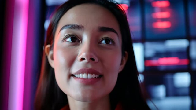 A woman is staring at a computer screen with a red background. The woman is wearing a red jacket and she is focused on the screen