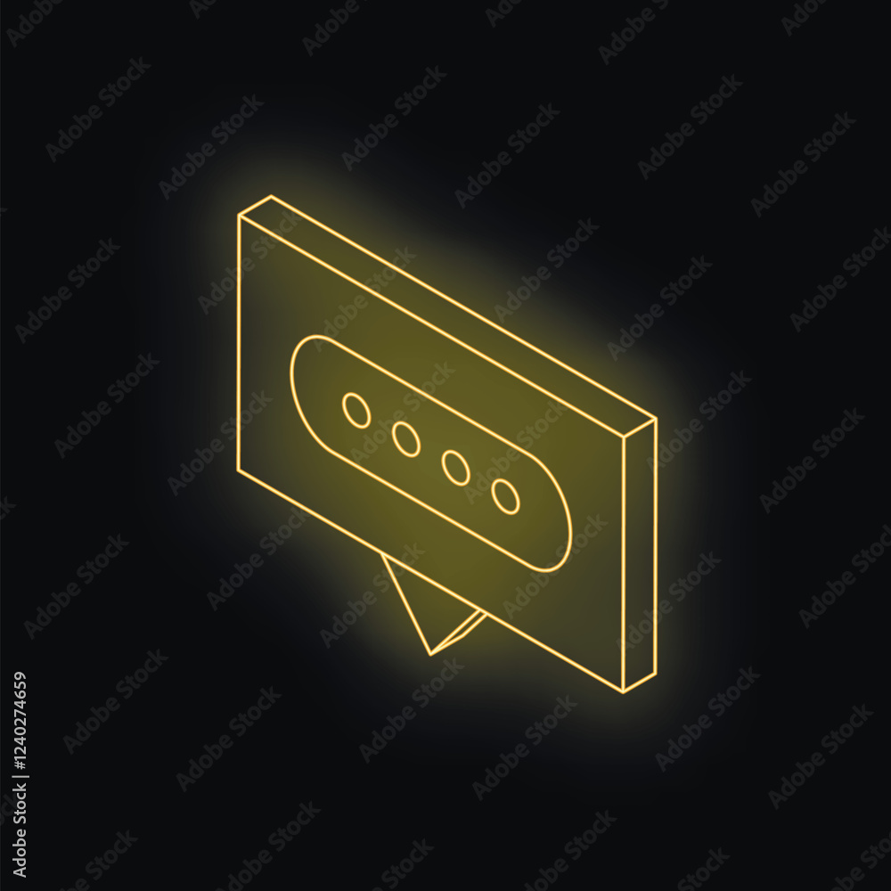 Poster isometric view of glowing neon yellow chat bubble with password on black background representing onl