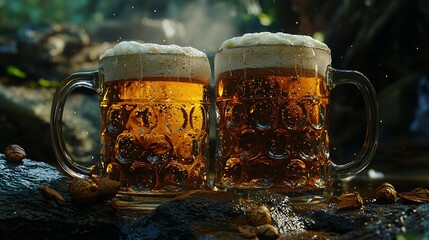 Celebrate National Beer Day with a close-up of two frothy mugs clinking, showcasing the essence of craft brewing and the festive spirit.