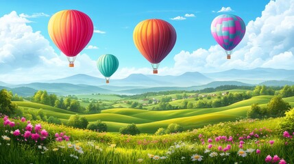 Fototapeta premium Colorful hot air balloons drifting over a vibrant flower-filled landscape at sunrise