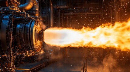Close-up of a rocket engine undergoing rigorous testing in a secure facility, showcasing engineering precision and innovation.