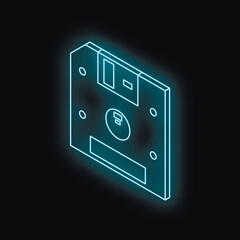 Glowing blue floppy disk on a black background representing obsolete technology and storage