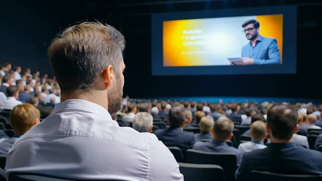 A man is sitting in a crowded theater watching a movie. The audience is engaged and attentive, and the man is focused on the screen. The atmosphere is lively and exciting