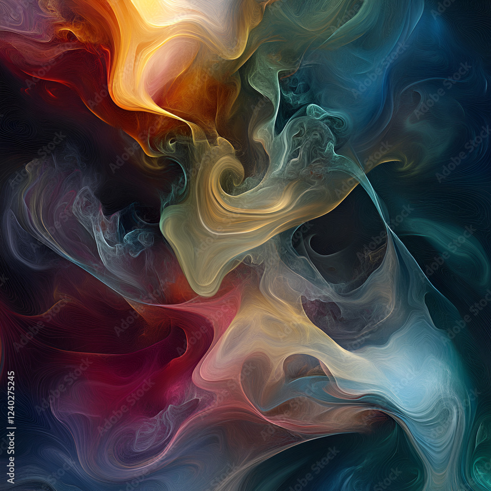 Poster abstract smoke swirls: swirling, colorful smoke forms an abstract composition, creating an ethereal 