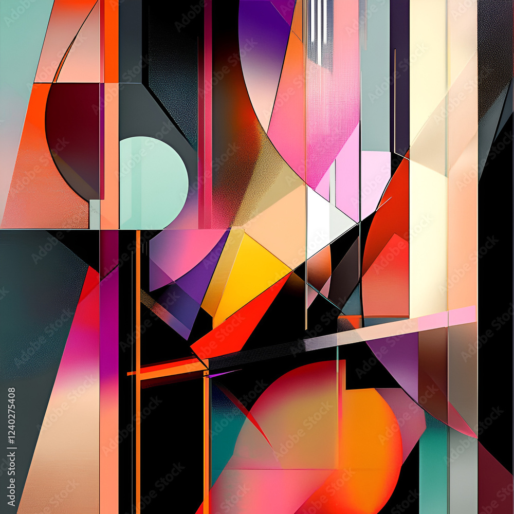 Poster vibrant geometric symphony: an abstract composition of intersecting lines, shapes, and forms create 