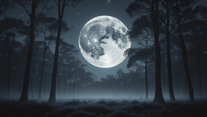 Full Moon Illuminating a Dark Forest