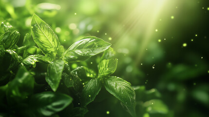Green Leaves and Herbs Bokeh background. green vegetarian food. healthy food background