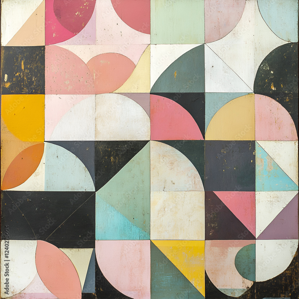 Poster geometric abstraction: a visually captivating geometric artwork that blends soft pastel hues with bo