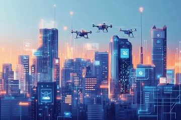 Naklejka premium A futuristic cityscape where buildings are made of glass, steel, and innovative eco-friendly materials.