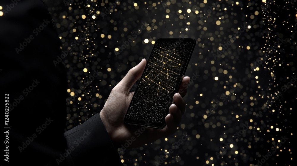 Poster hand holding smartphone with glowing golden lines in dark background with bokeh effect and light par