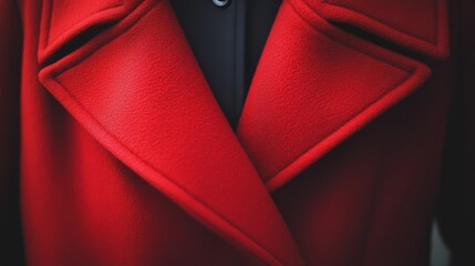 Close-up of a bold red coat with sophisticated lapels and a striking texture, capturing elegance and refined fashion in its vibrant hue.