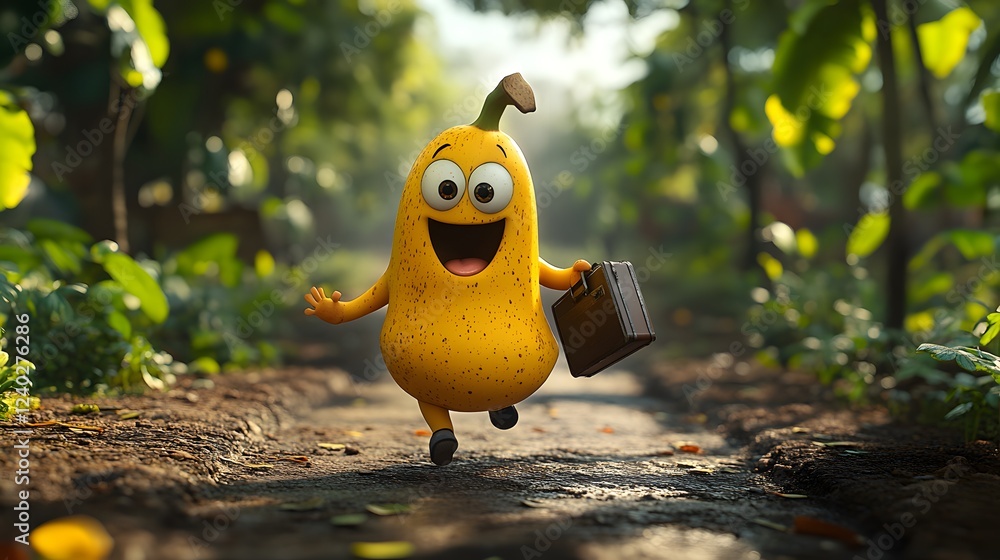 Aufkleber comical 3d banana with cartoonish eyes and an open mouth sprinting through a forest path one leg rai