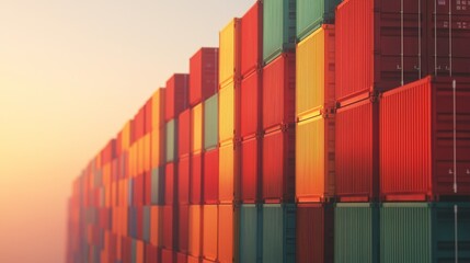 Fototapeta premium Colorful shipping containers stacked on a dock during sunset, creating a vibrant industrial landscape in soft lighting