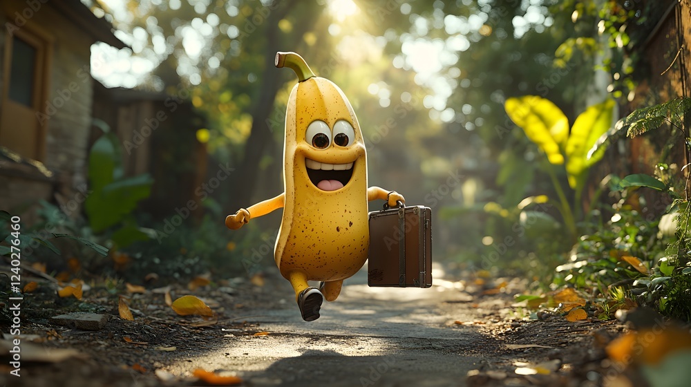 Poster comical 3d banana with cartoonish eyes and an open mouth sprinting through a forest path one leg rai
