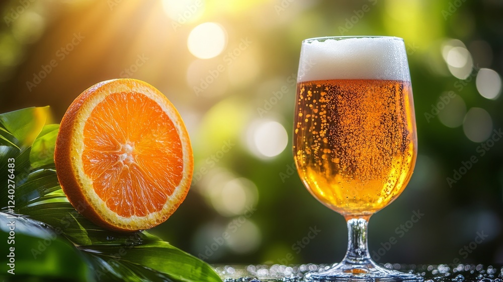 Poster refreshing beverage with orange slice and bokeh effect in the background during evening gathering