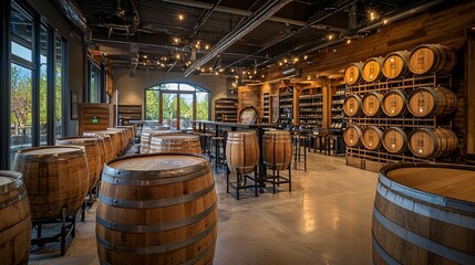 Rows of oak barrels in wine aging cellars showcase craftsmanship and tradition, illuminated by warm light that enhances the wood grain textures.