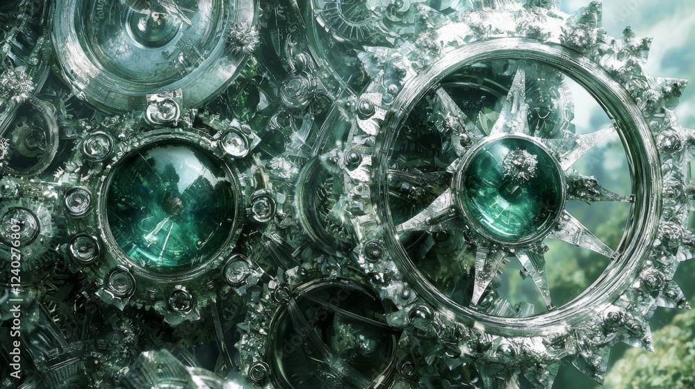 Poster intricate and enchanting gears and mechanisms with shimmering emerald accents surrounded by a dreaml