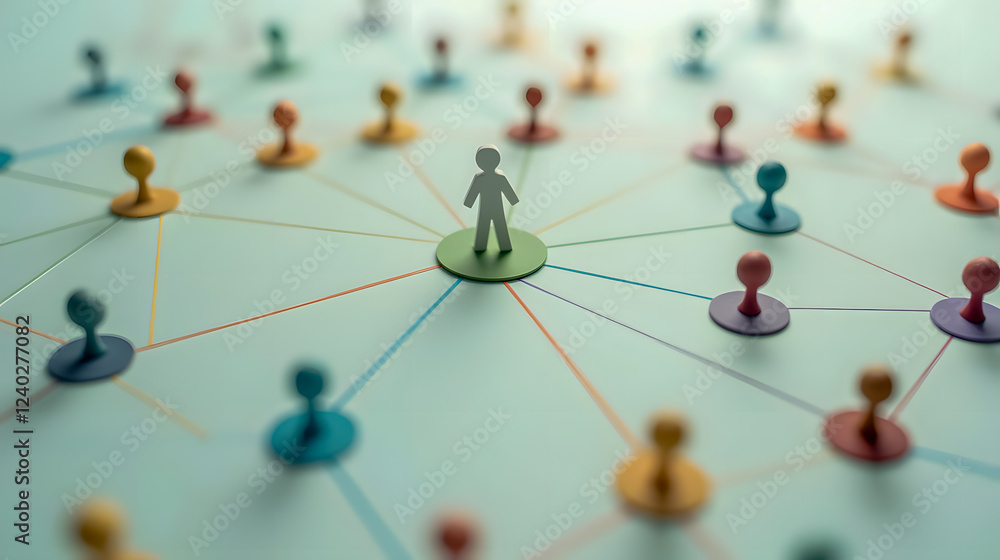 Aufkleber illustration of human figure at center of network with colorful pins representing connection and col