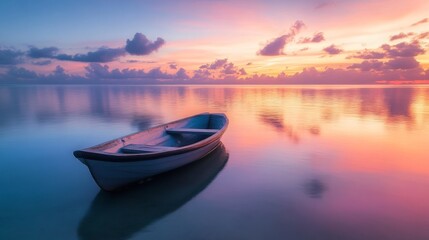 A wooden boat is peacefully moored in calm waters under a stunning, fiery sunset sky, with vivid reflections in the water.