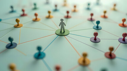 Illustration of human figure at center of network with colorful pins representing connection and collaboration in creative workspace setting