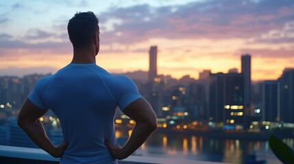Fototapeta premium Muscular man in sportswear admiring the city skyline from a balcony during sunrise. Motivation and self-reflection concept.