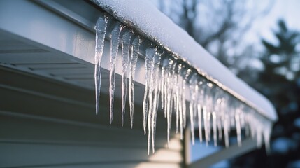 Icicles hanging from a snowy rooftop glisten in crisp winter air, capturing the serene and chilly essence of a frosty morning.