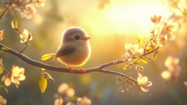 Bird perched on branch during golden hour with sunlight filtering through autumn leaves
