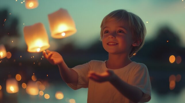 A delighted child reaches for radiant lanterns against a tranquil backdrop, embodying joy and wonder in a softly lit magical moment.