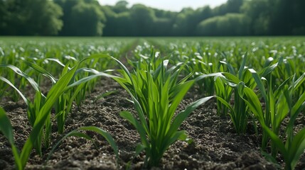 Obraz premium Vibrant Green Young Corn Plants Growing in a Field