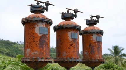 Obraz premium Industrial equipment in tropical setting abandoned and weathered photography outdoor close-up rusted pipes