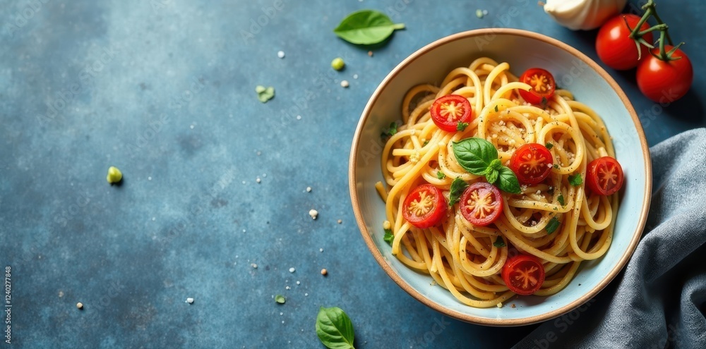 Wall mural Aromatic pasta dish with cherry tomatoes and basil, served in a rustic bowl on a textured blue background