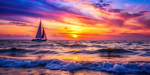 Fototapeta premium Serene sailboat navigating tranquil ocean waters at sunset, vibrant colors reflecting on waves, peaceful seascape