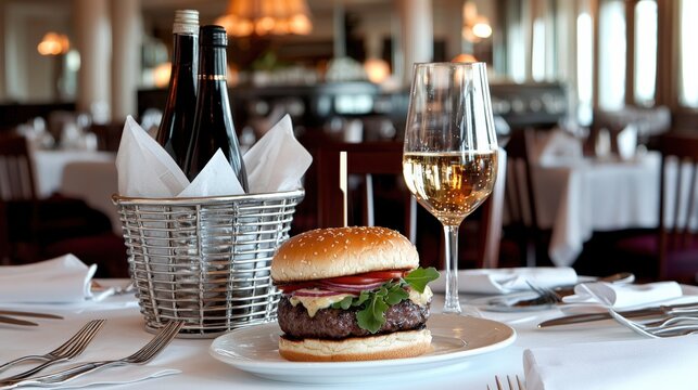 Delicious gourmet burger and fine wine pairing upscale restaurant culinary delight elegant dining venue taste exploration