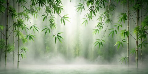 Serene Bamboo Grove at Dawn Misty Tranquility and Lush Greenery Reflecting on Still Water