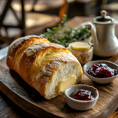 Artisan Bread with Accompaniments: A rustic still-life captures the inviting scene of freshly baked artisan bread, artfully sliced to reveal a soft, airy interior.