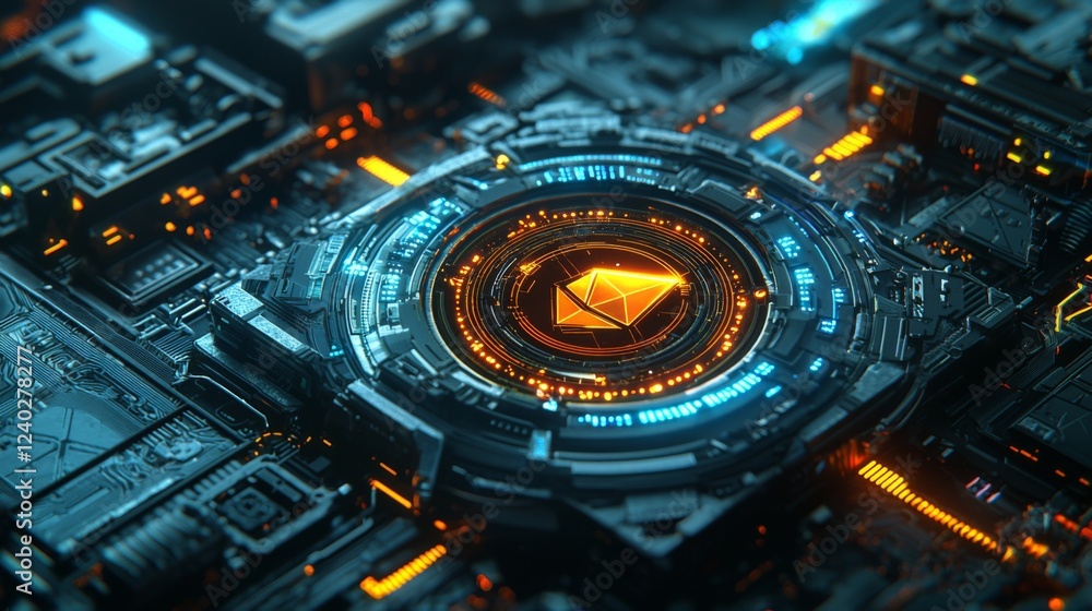 Poster abstract technology background with glowing circuits and geometric shapes in dark tones for futurist
