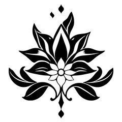 Elegant Black and White Floral Design: Symmetrical Flower Illustration with Leaves and Flourishes, Perfect for Vintage Decor and Nature-Inspired Art