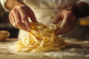 Chef's hands gently shaping a pile of fresh, homemade pasta, dusted with flour.
