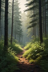 Obraz premium there is a painting of a path in the woods with trees