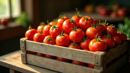 A wooden crate overflowing with freshly harvested, sun-ripened tomatoes, a vibrant display of summer's bounty.